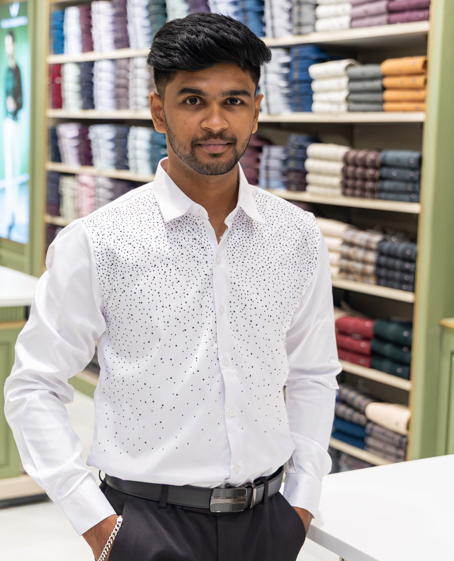 White Poly Satin Party Wear Shirt Features Micro-Stonework, Full Sleeves, a Slim Fit, a Spread Collar, and Regular Length