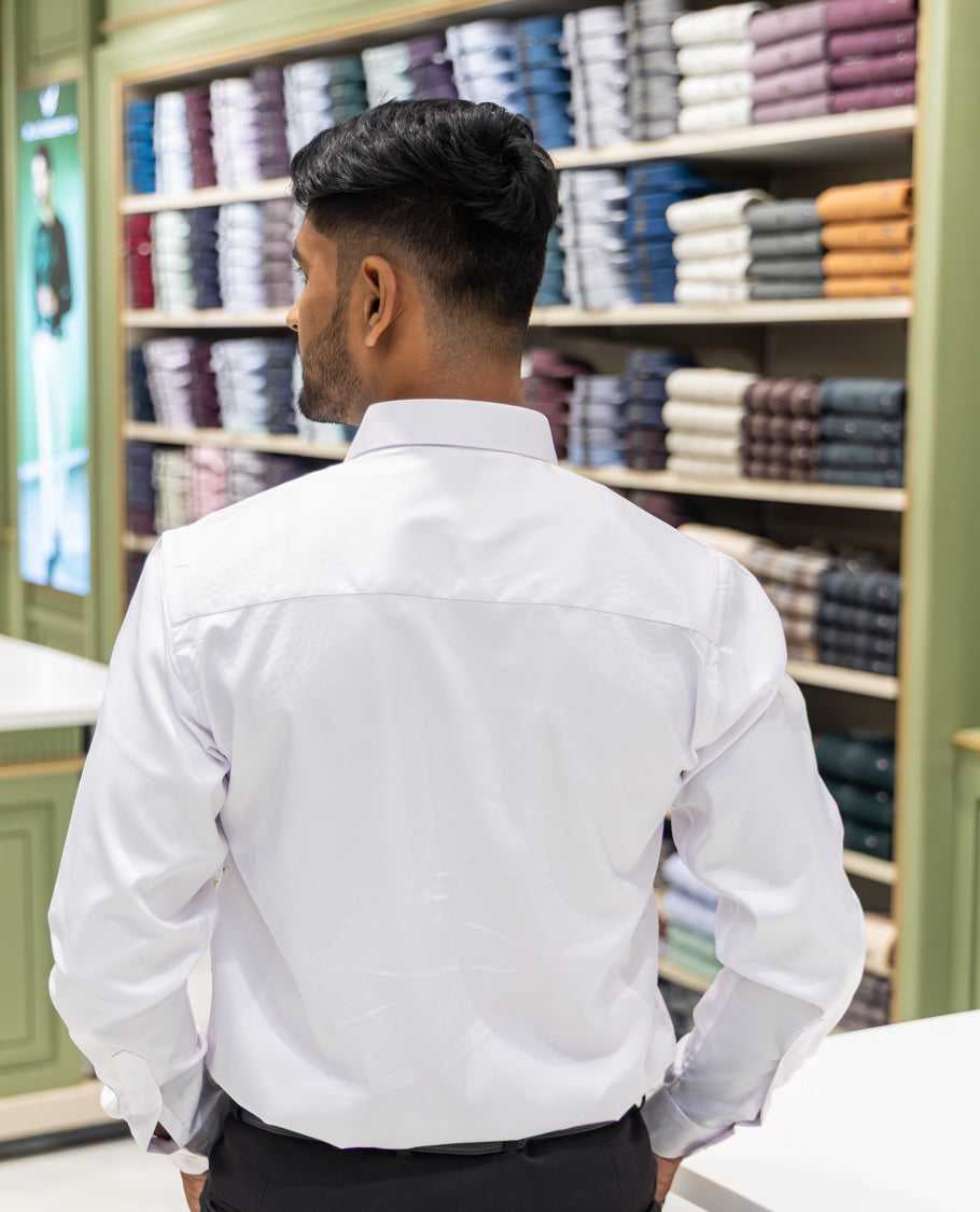 White Poly Satin Party Wear Shirt Features Micro-Stonework, Full Sleeves, a Slim Fit, a Spread Collar, and Regular Length