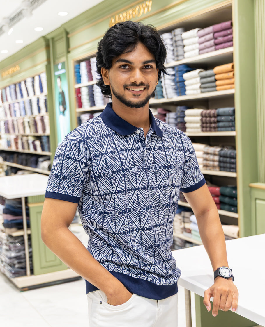 Black  Cotton-Blended Polo Neck T-Shirt Features Argyle Print, Half Sleeves, a Slim Fit, and Regular Length