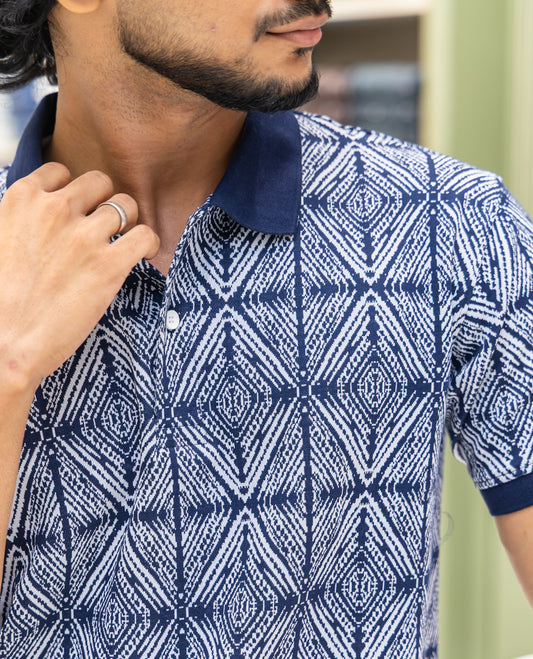 Black  Cotton-Blended Polo Neck T-Shirt Features Argyle Print, Half Sleeves, a Slim Fit, and Regular Length