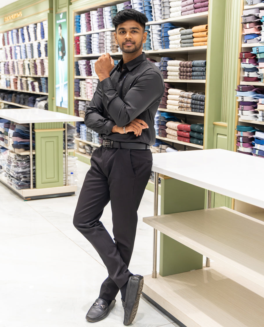 Black Poly Satin Party Wear Shirt Features Micro-Stonework, Full Sleeves, a Slim Fit, a Spread Collar, and Regular Length