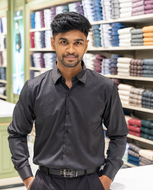 Black Poly Satin Party Wear Shirt Features Micro-Stonework, Full Sleeves, a Slim Fit, a Spread Collar, and Regular Length