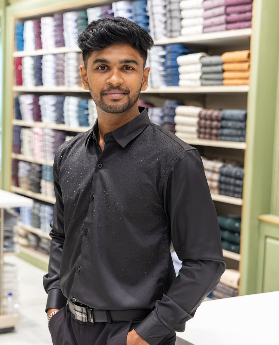 Black Poly Satin Party Wear Shirt Features Micro-Stonework, Full Sleeves, a Slim Fit, a Spread Collar, and Regular Length