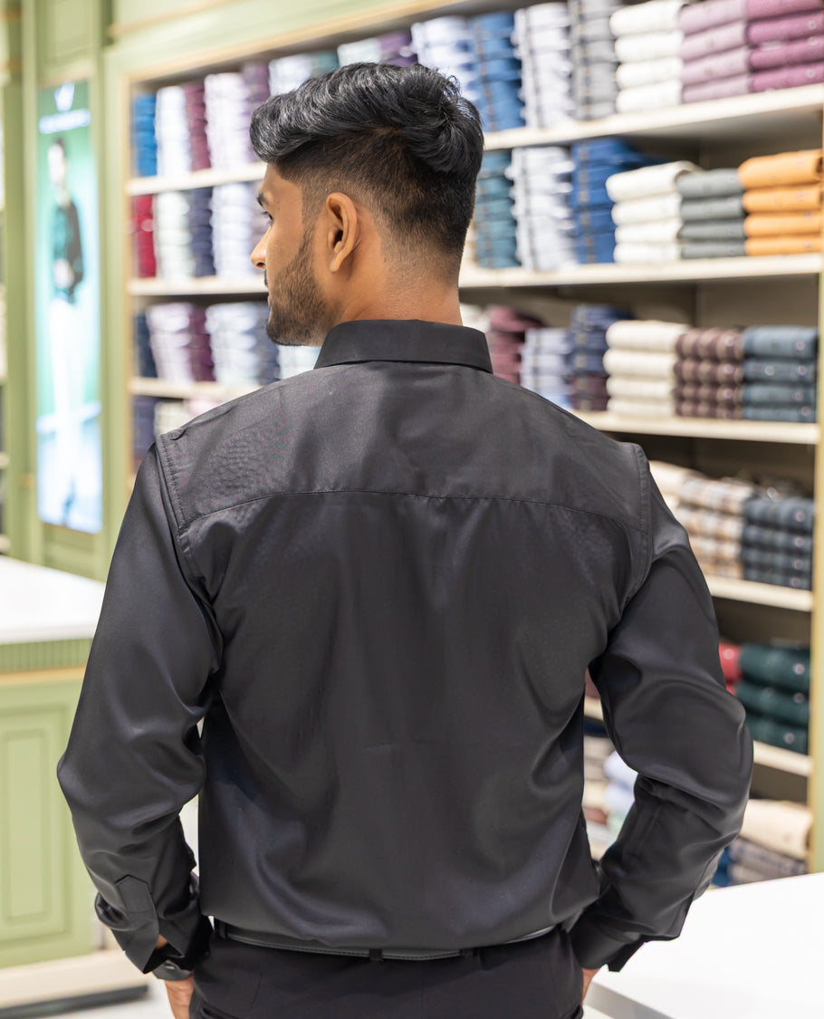 Black Poly Satin Party Wear Shirt Features Micro-Stonework, Full Sleeves, a Slim Fit, a Spread Collar, and Regular Length