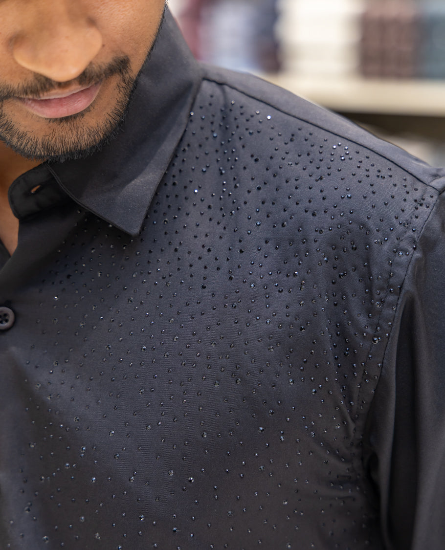 Black Poly Satin Party Wear Shirt Features Micro-Stonework, Full Sleeves, a Slim Fit, a Spread Collar, and Regular Length