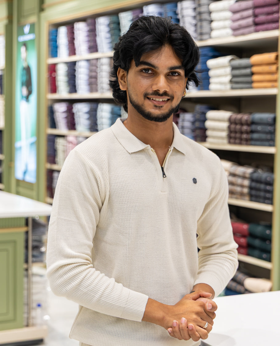 Cream Striped Cotton-Blended T-Shirt Comes with a Polo Neck, Full Sleeves, a Slim Fit, and Regular Length