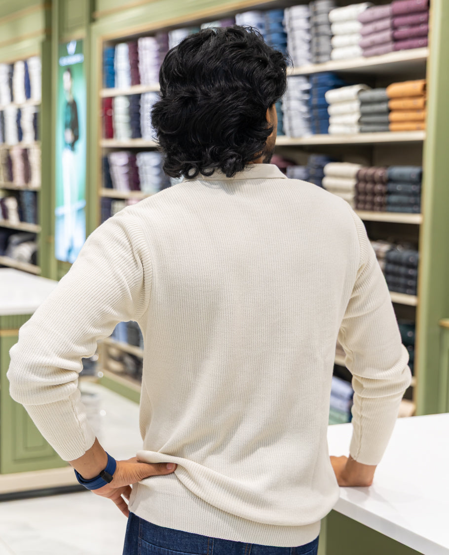Cream Striped Cotton-Blended T-Shirt Comes with a Polo Neck, Full Sleeves, a Slim Fit, and Regular Length