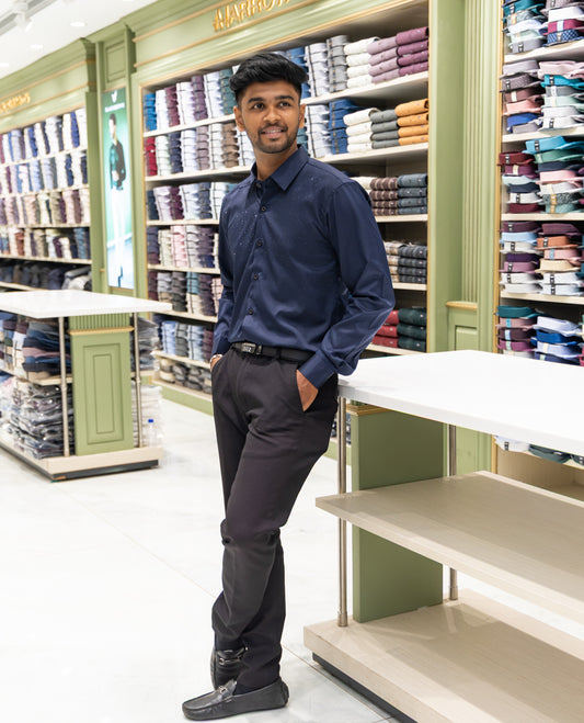 Navy Poly Satin Party Wear Shirt Features Micro-Stonework, Full Sleeves, a Slim Fit, a Spread Collar, and Regular Length