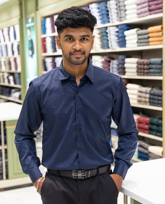 Navy Poly Satin Party Wear Shirt Features Micro-Stonework, Full Sleeves, a Slim Fit, a Spread Collar, and Regular Length