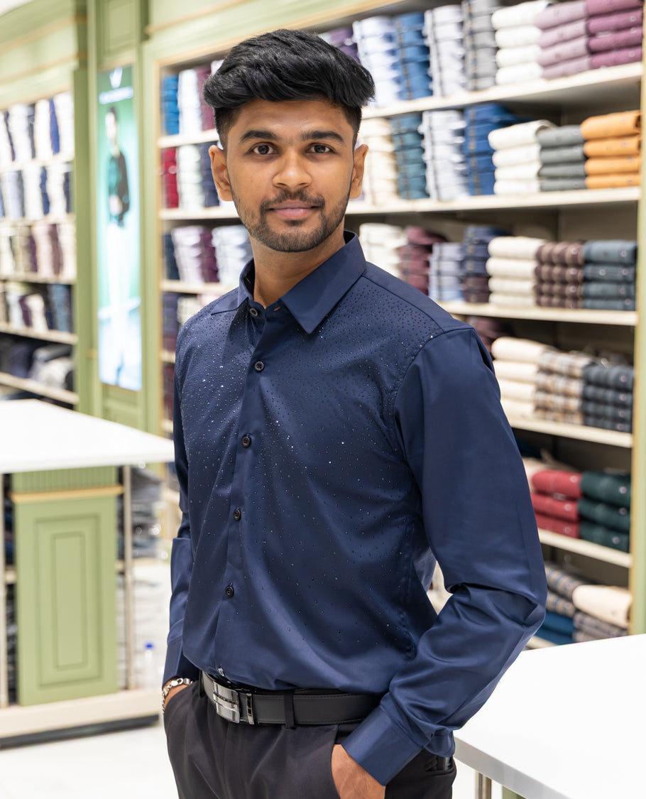 Navy Poly Satin Party Wear Shirt Features Micro-Stonework, Full Sleeves, a Slim Fit, a Spread Collar, and Regular Length