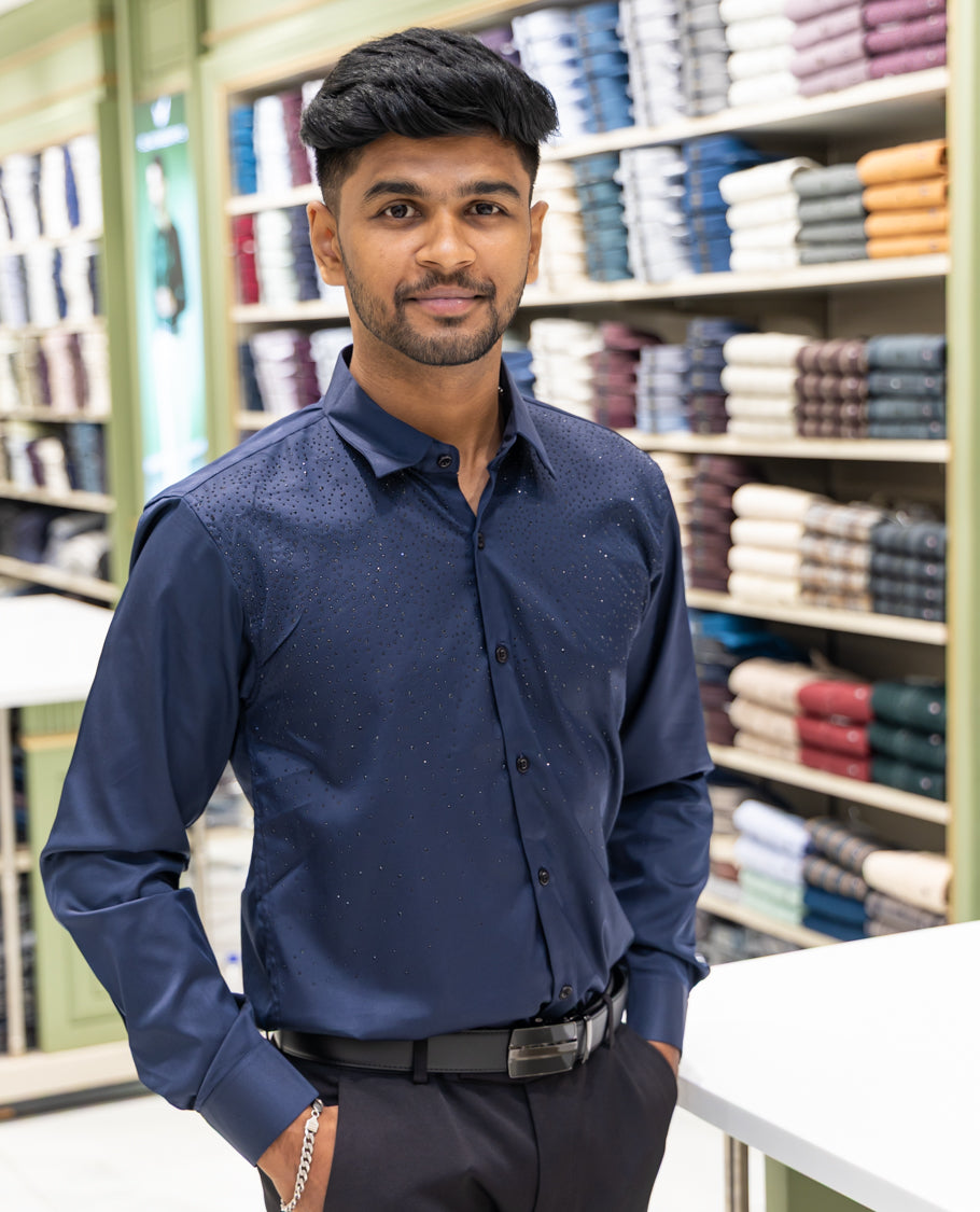 Navy Poly Satin Party Wear Shirt Features Micro-Stonework, Full Sleeves, a Slim Fit, a Spread Collar, and Regular Length