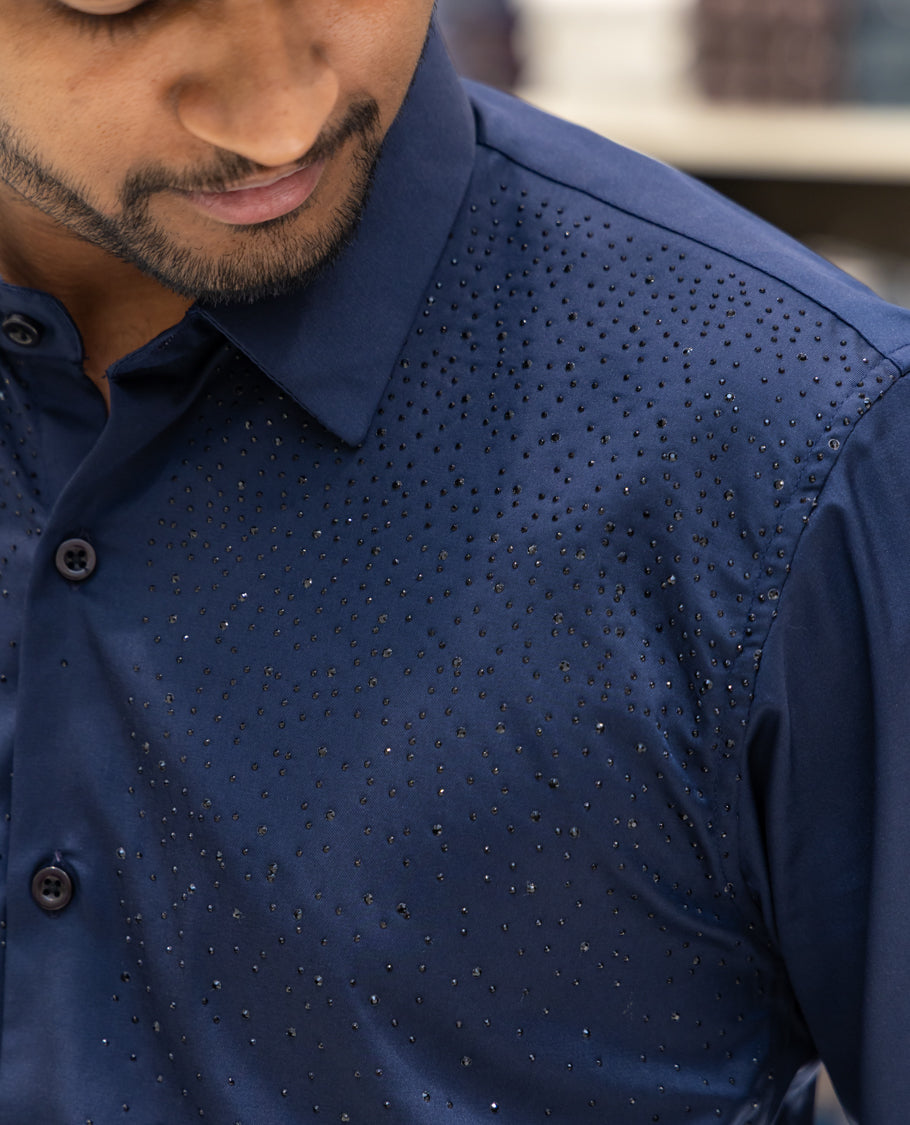 Navy Poly Satin Party Wear Shirt Features Micro-Stonework, Full Sleeves, a Slim Fit, a Spread Collar, and Regular Length