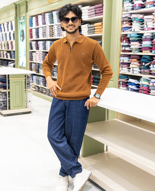 Coffee Striped Cotton-Blended T-Shirt Comes with a Polo Neck, Full Sleeves, a Slim Fit, and Regular Length