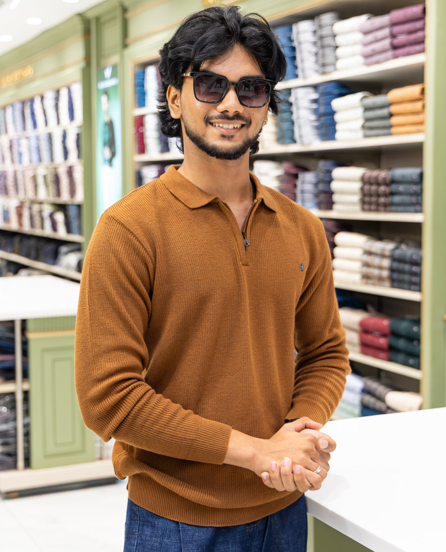 Coffee Striped Cotton-Blended T-Shirt Comes with a Polo Neck, Full Sleeves, a Slim Fit, and Regular Length