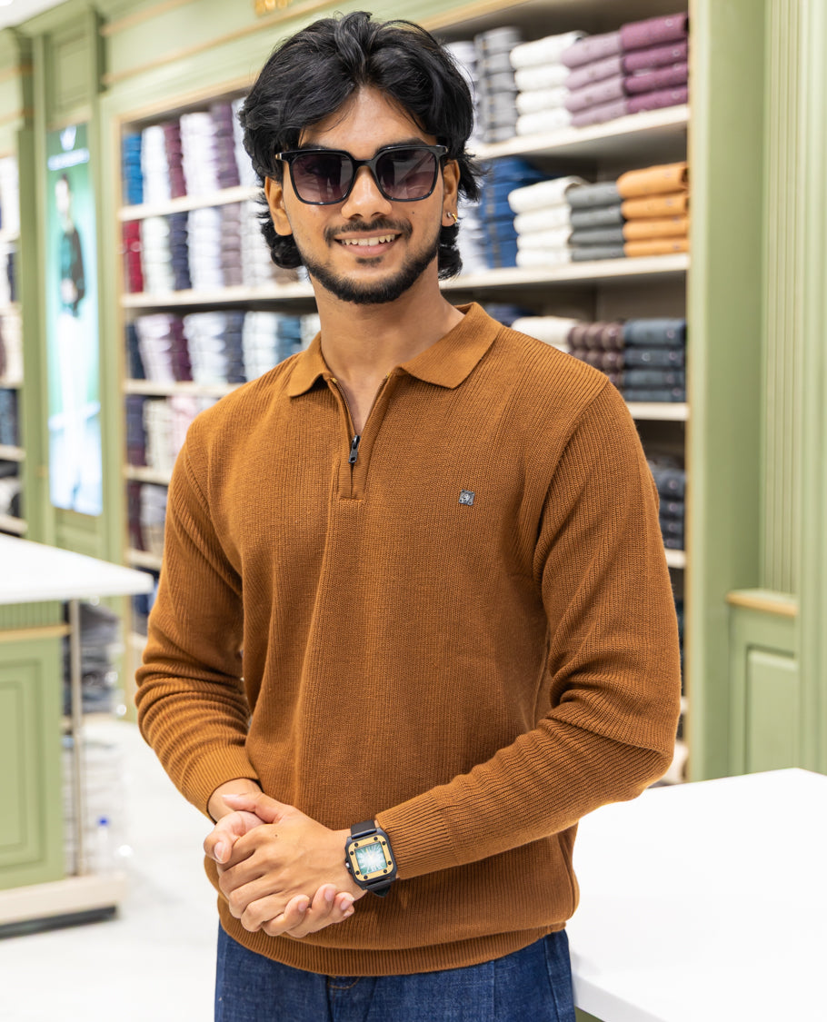 Coffee Striped Cotton-Blended T-Shirt Comes with a Polo Neck, Full Sleeves, a Slim Fit, and Regular Length