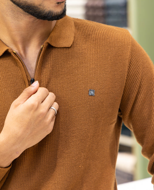 Coffee Striped Cotton-Blended T-Shirt Comes with a Polo Neck, Full Sleeves, a Slim Fit, and Regular Length