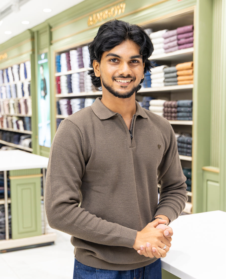 Brown Striped Cotton-Blended T-Shirt Comes with a Polo Neck, Full Sleeves, a Slim Fit, and Regular Length