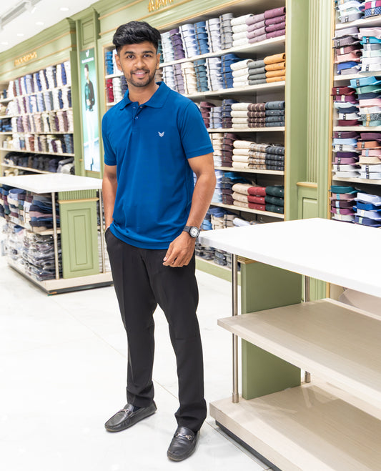 Blue Plain Cotton-Blended Polo T-Shirt Comes with Half Sleeves, a Slim Fit, Cuban Collar, and Regular Length