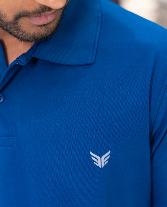 Blue Plain Cotton-Blended Polo T-Shirt Comes with Half Sleeves, a Slim Fit, Cuban Collar, and Regular Length