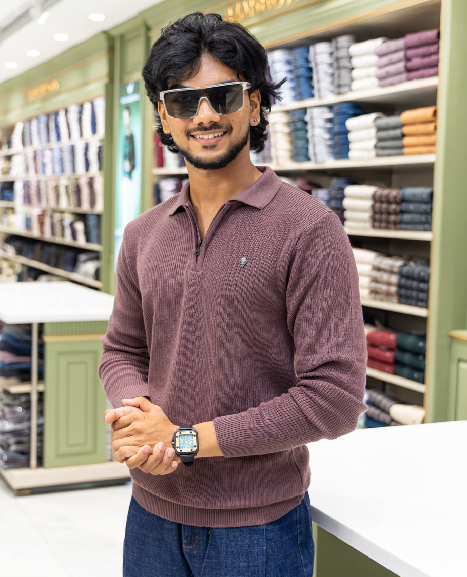 Burgundy Striped Cotton-Blended T-Shirt Comes with a Polo Neck, Full Sleeves, a Slim Fit, and Regular Length