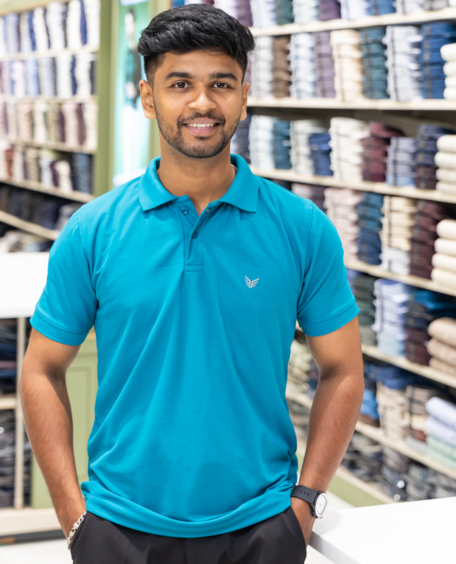 Teal Plain Cotton-Blended Polo T-Shirt Comes with Half Sleeves, a Slim Fit, Cuban Collar, and Regular Length