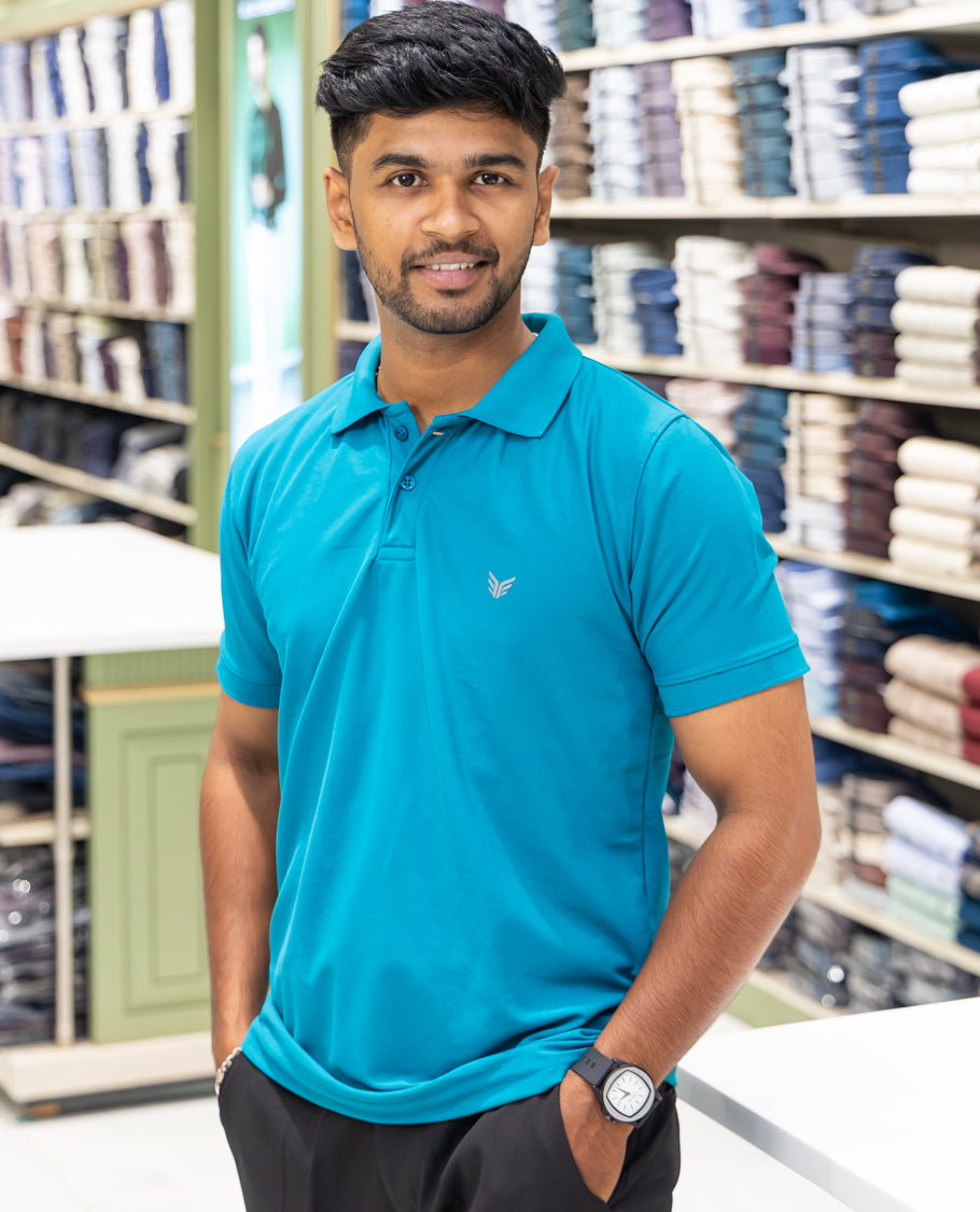 Teal Plain Cotton-Blended Polo T-Shirt Comes with Half Sleeves, a Slim Fit, Cuban Collar, and Regular Length