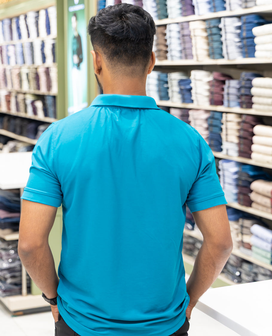 Teal Plain Cotton-Blended Polo T-Shirt Comes with Half Sleeves, a Slim Fit, Cuban Collar, and Regular Length