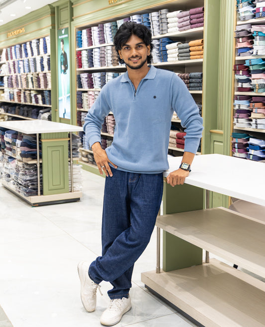Light Blue Striped Cotton-Blended T-Shirt Comes with a Polo Neck, Full Sleeves, a Slim Fit, and Regular Length
