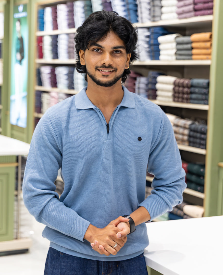 Light Blue Striped Cotton-Blended T-Shirt Comes with a Polo Neck, Full Sleeves, a Slim Fit, and Regular Length