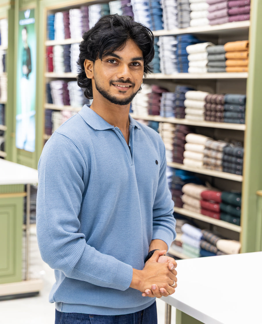 Light Blue Striped Cotton-Blended T-Shirt Comes with a Polo Neck, Full Sleeves, a Slim Fit, and Regular Length