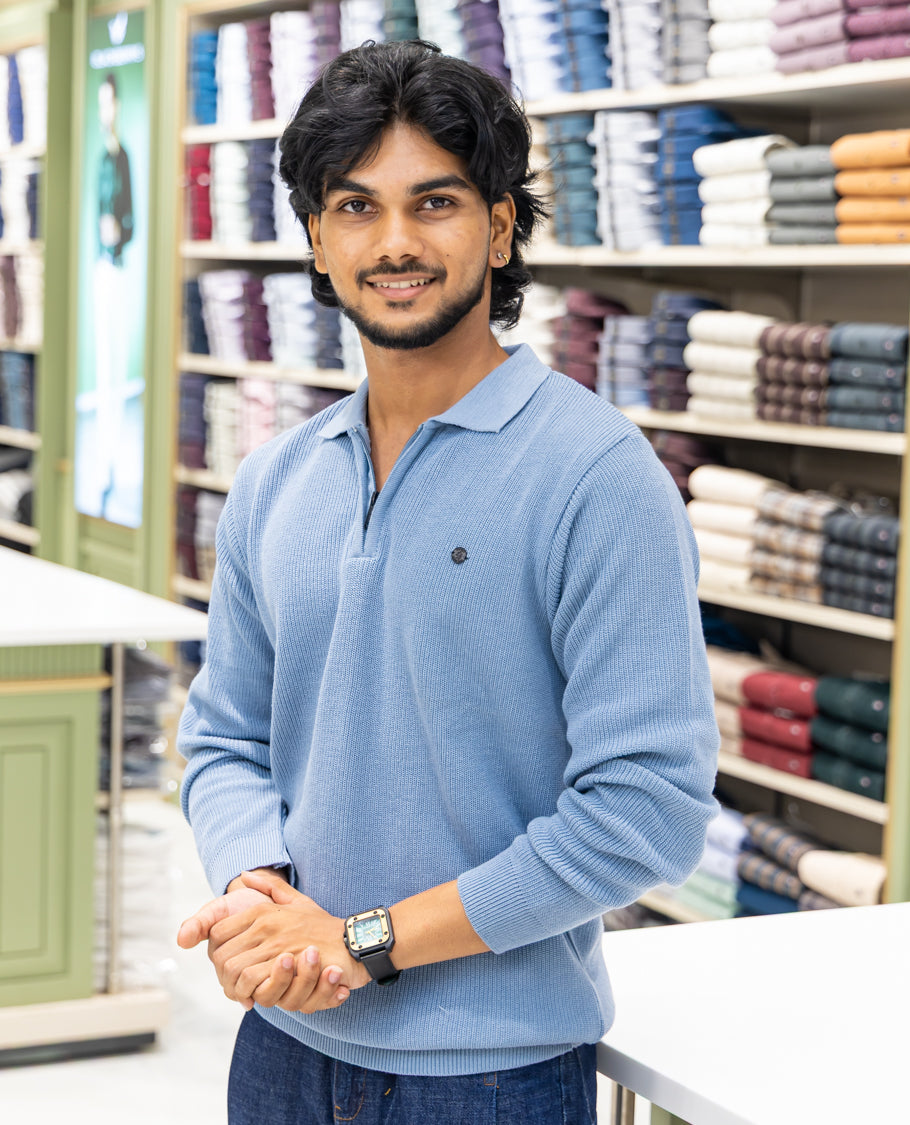 Light Blue Striped Cotton-Blended T-Shirt Comes with a Polo Neck, Full Sleeves, a Slim Fit, and Regular Length