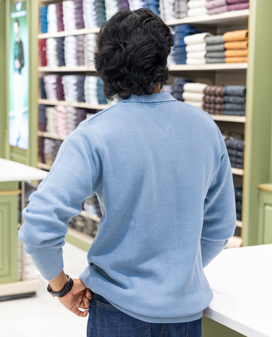 Light Blue Striped Cotton-Blended T-Shirt Comes with a Polo Neck, Full Sleeves, a Slim Fit, and Regular Length