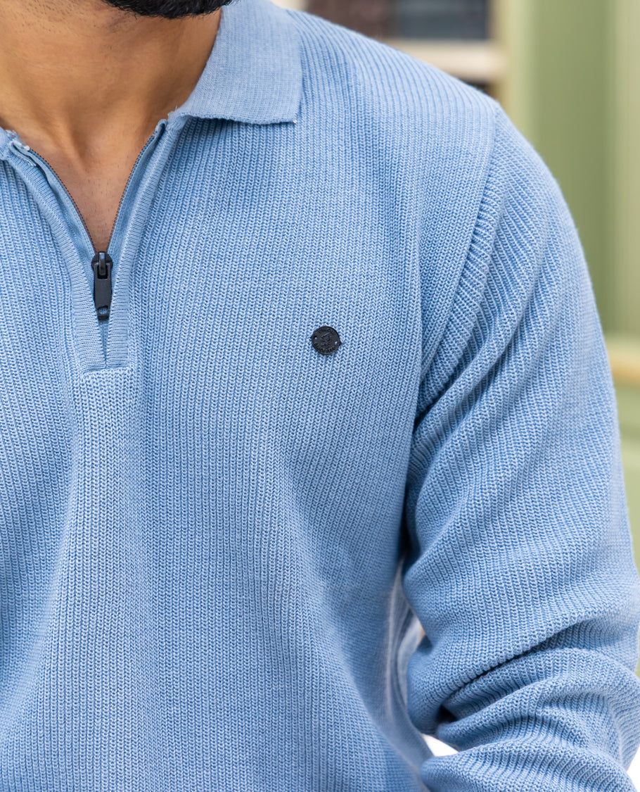 Light Blue Striped Cotton-Blended T-Shirt Comes with a Polo Neck, Full Sleeves, a Slim Fit, and Regular Length