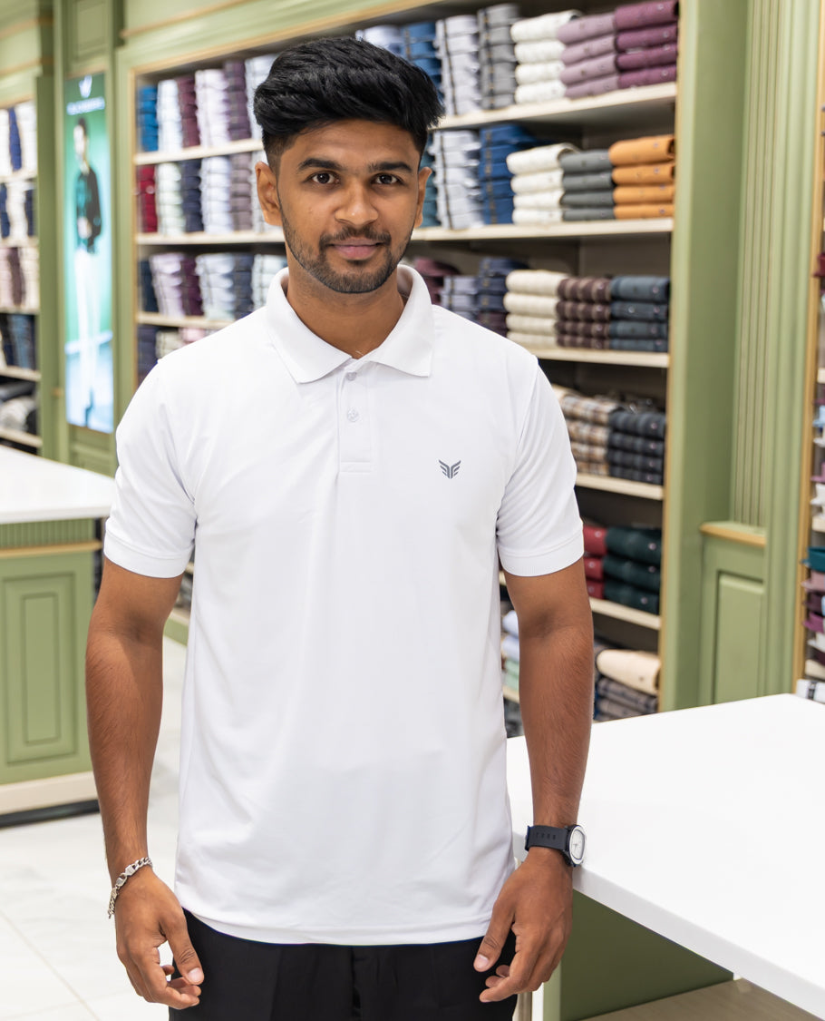 White Plain Cotton-Blended Polo T-Shirt Comes with Half Sleeves, a Slim Fit, Cuban Collar, and Regular Length