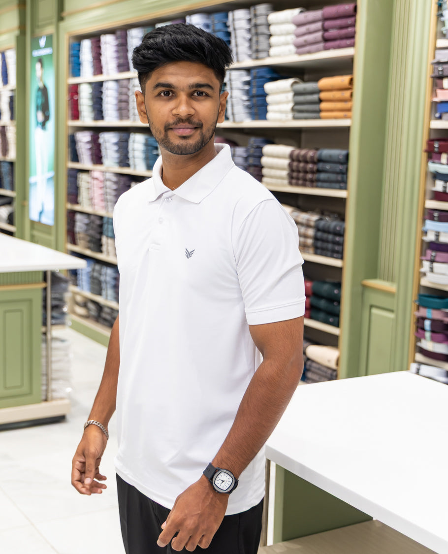 White Plain Cotton-Blended Polo T-Shirt Comes with Half Sleeves, a Slim Fit, Cuban Collar, and Regular Length