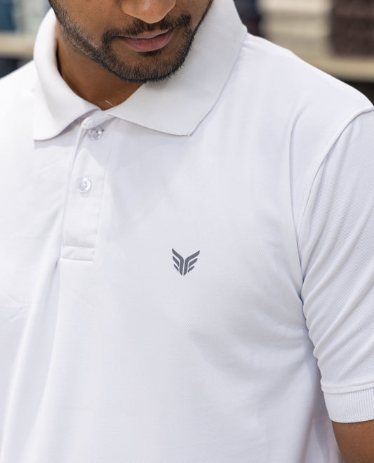 White Plain Cotton-Blended Polo T-Shirt Comes with Half Sleeves, a Slim Fit, Cuban Collar, and Regular Length