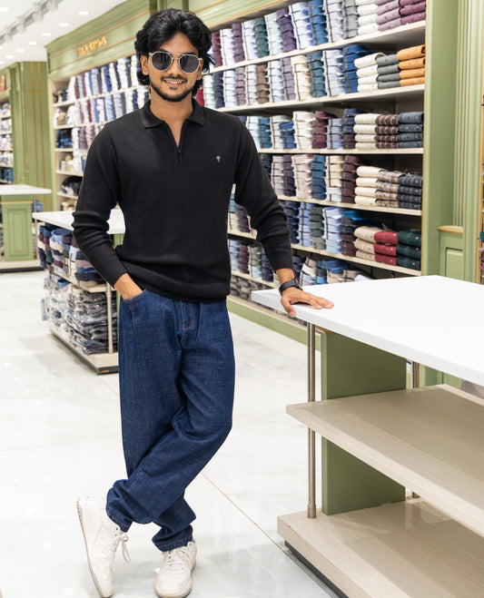 Black Striped Cotton-Blended T-Shirt Comes with a Polo Neck, Full Sleeves, a Slim Fit, and Regular Length