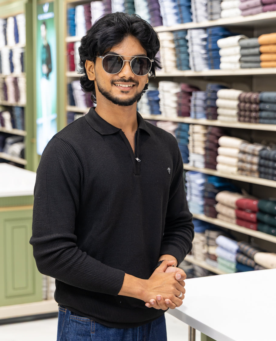 Black Striped Cotton-Blended T-Shirt Comes with a Polo Neck, Full Sleeves, a Slim Fit, and Regular Length