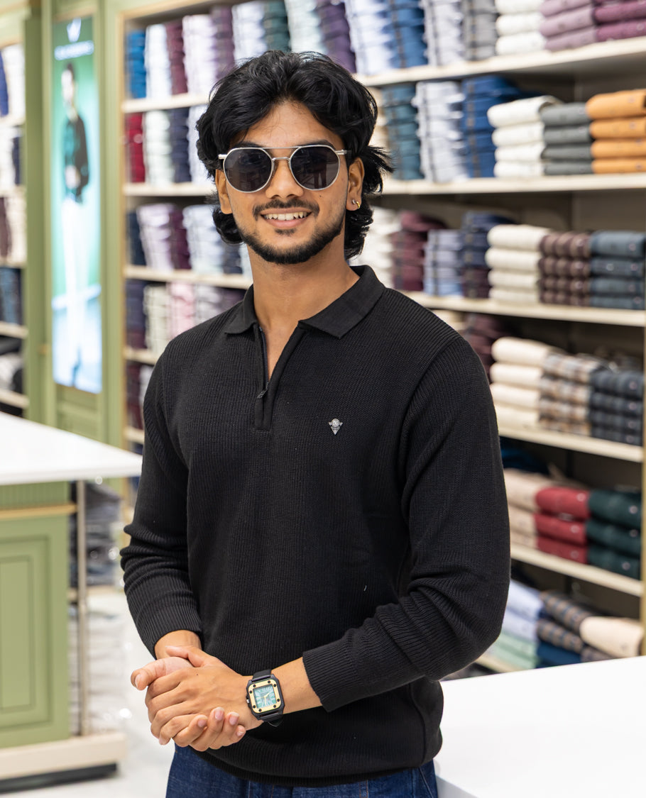 Black Striped Cotton-Blended T-Shirt Comes with a Polo Neck, Full Sleeves, a Slim Fit, and Regular Length