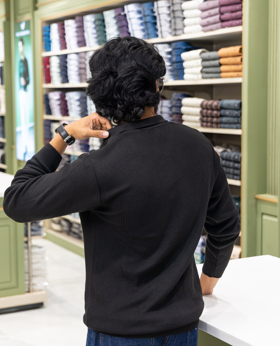 Black Striped Cotton-Blended T-Shirt Comes with a Polo Neck, Full Sleeves, a Slim Fit, and Regular Length