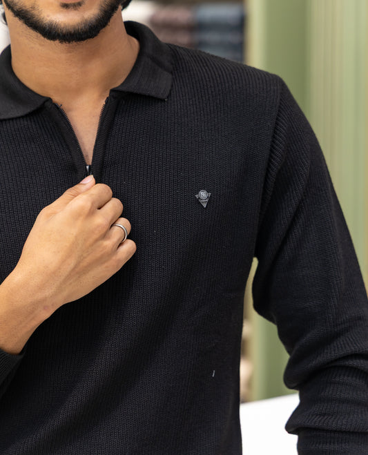 Black Striped Cotton-Blended T-Shirt Comes with a Polo Neck, Full Sleeves, a Slim Fit, and Regular Length