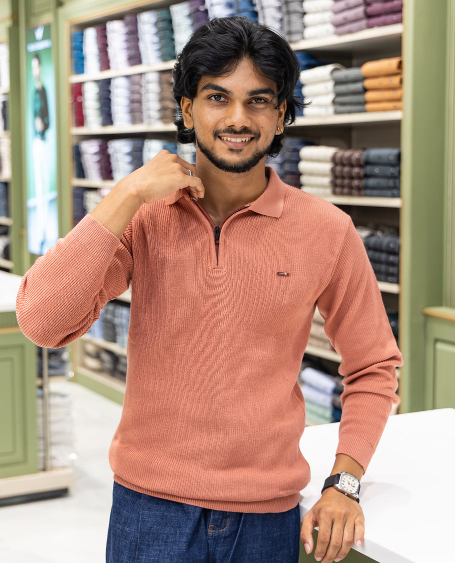 Orange Striped Cotton-Blended T-Shirt Comes with a Polo Neck, Full Sleeves, a Slim Fit, and Regular Length