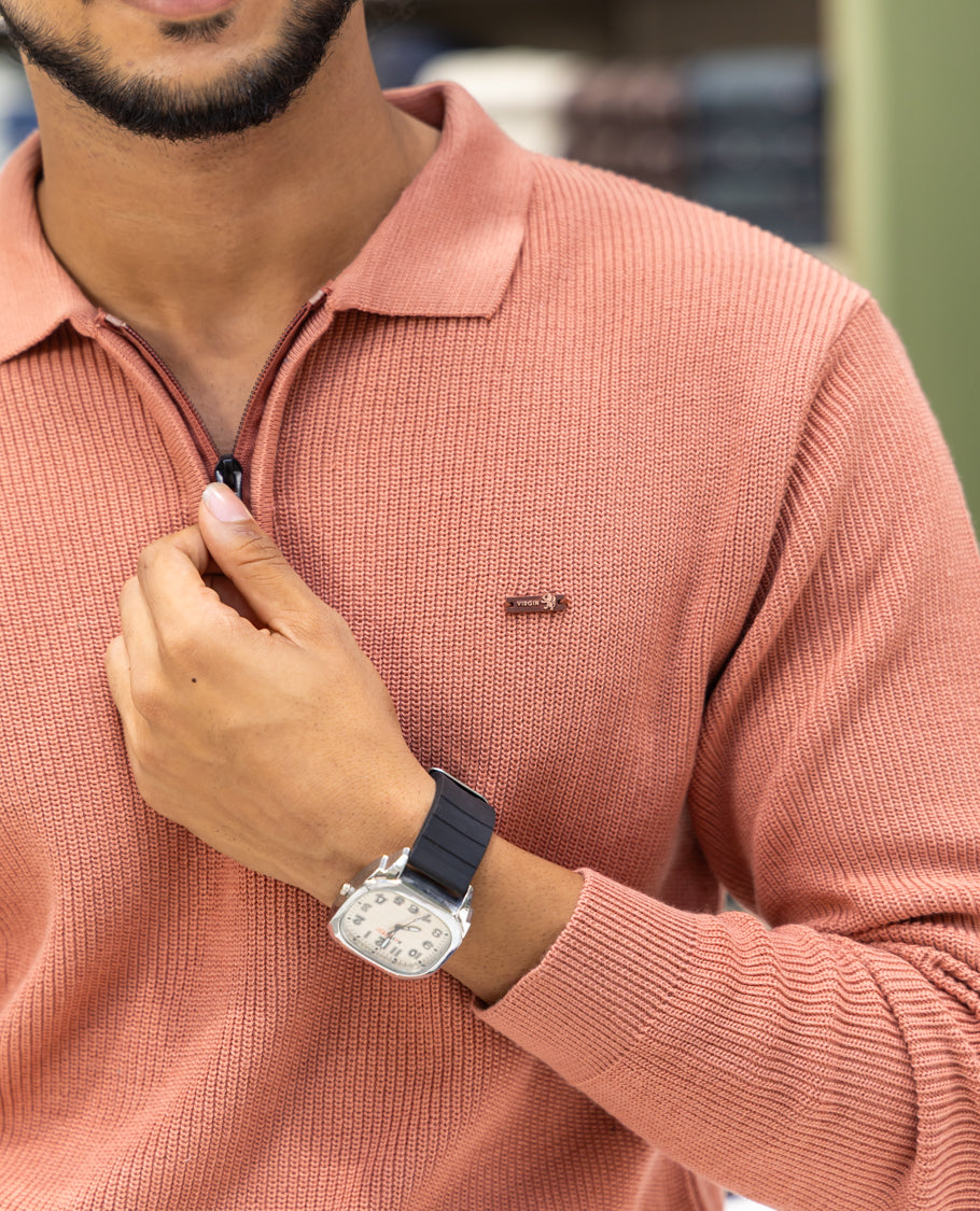 Orange Striped Cotton-Blended T-Shirt Comes with a Polo Neck, Full Sleeves, a Slim Fit, and Regular Length