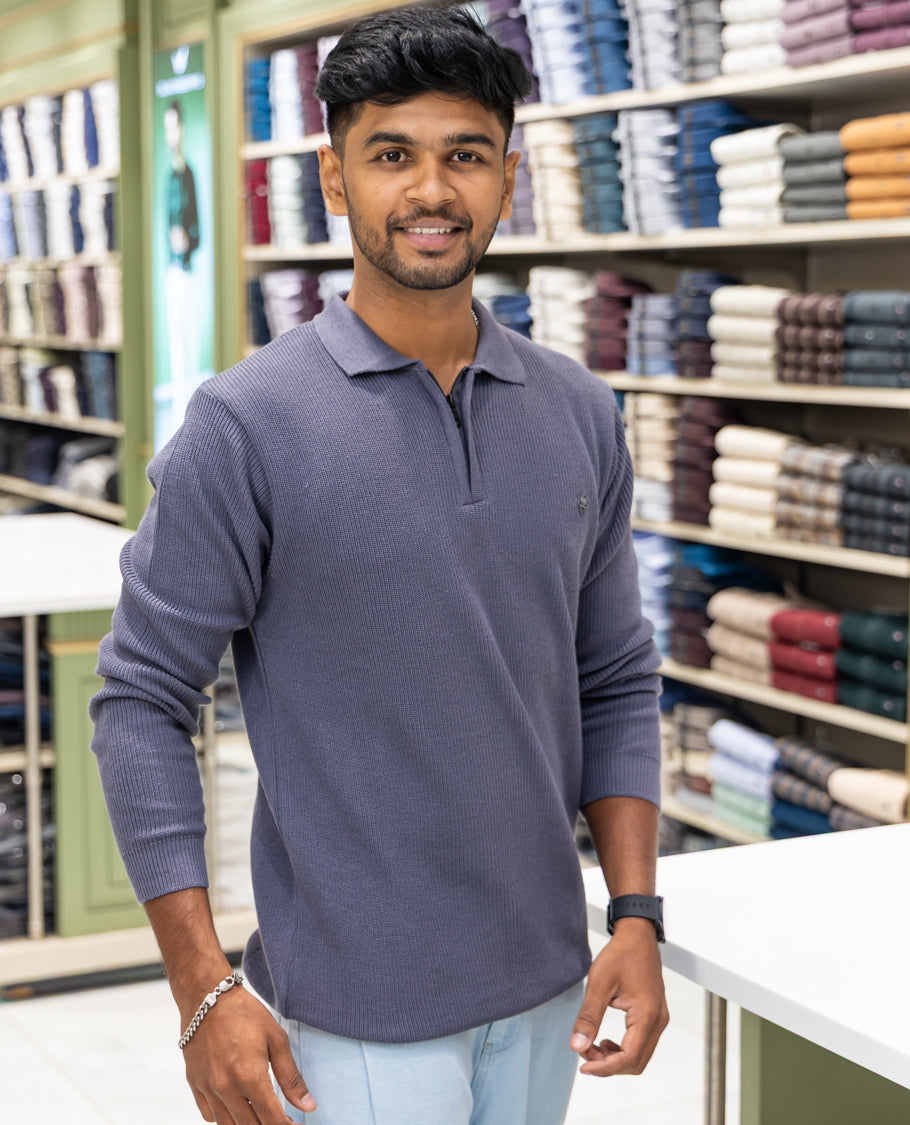 Grey Striped Cotton-Blended T-Shirt Comes with a Polo Neck, Full Sleeves, a Slim Fit, and Regular Length