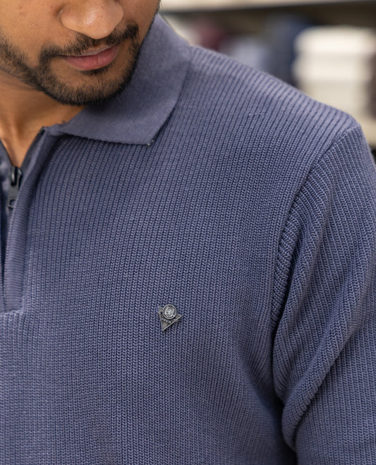 Grey Striped Cotton-Blended T-Shirt Comes with a Polo Neck, Full Sleeves, a Slim Fit, and Regular Length
