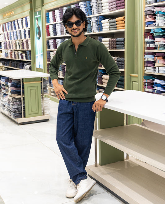Dark Green Striped Cotton-Blended T-Shirt Comes with a Polo Neck, Full Sleeves, a Slim Fit, and Regular Length