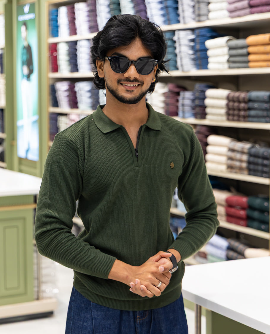 Dark Green Striped Cotton-Blended T-Shirt Comes with a Polo Neck, Full Sleeves, a Slim Fit, and Regular Length