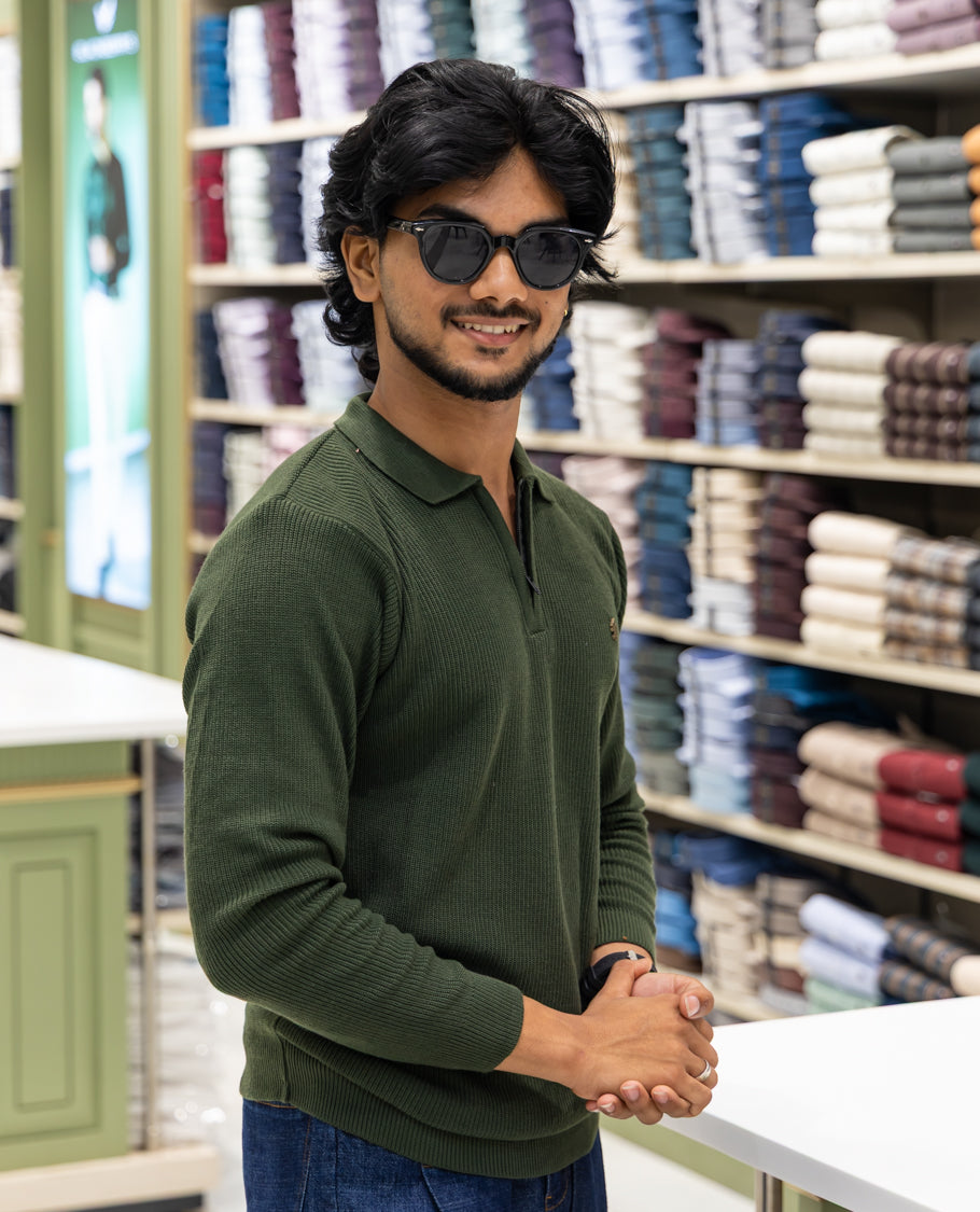 Dark Green Striped Cotton-Blended T-Shirt Comes with a Polo Neck, Full Sleeves, a Slim Fit, and Regular Length