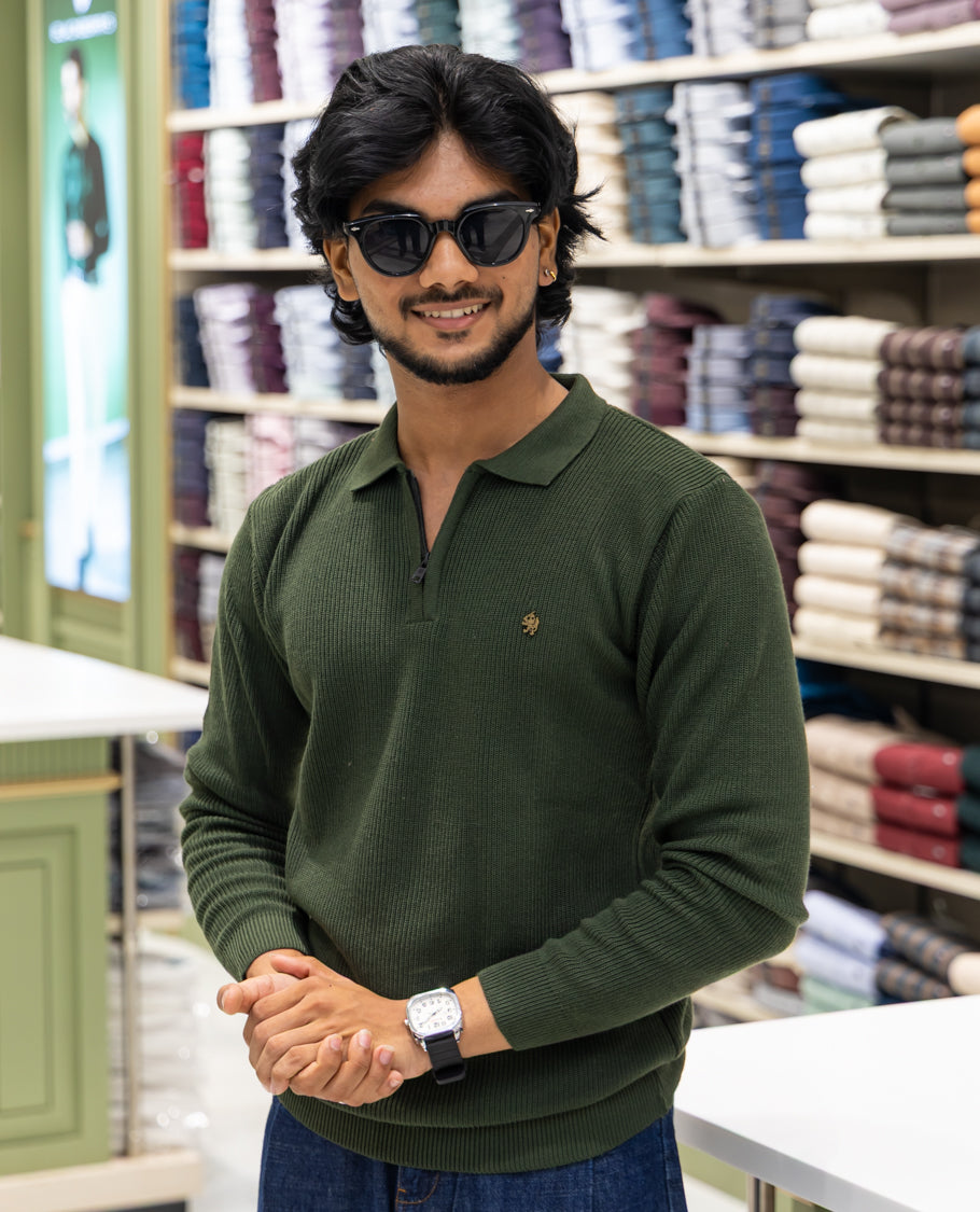 Dark Green Striped Cotton-Blended T-Shirt Comes with a Polo Neck, Full Sleeves, a Slim Fit, and Regular Length