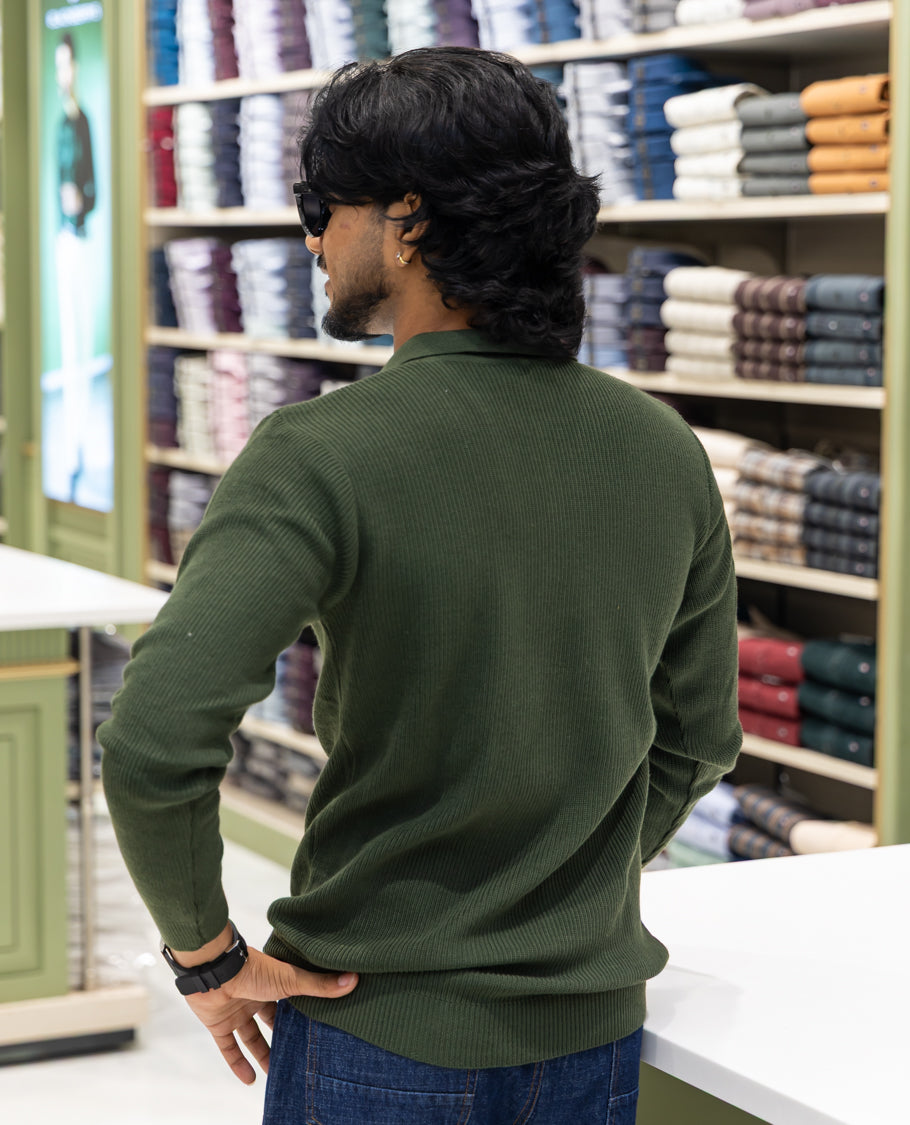 Dark Green Striped Cotton-Blended T-Shirt Comes with a Polo Neck, Full Sleeves, a Slim Fit, and Regular Length